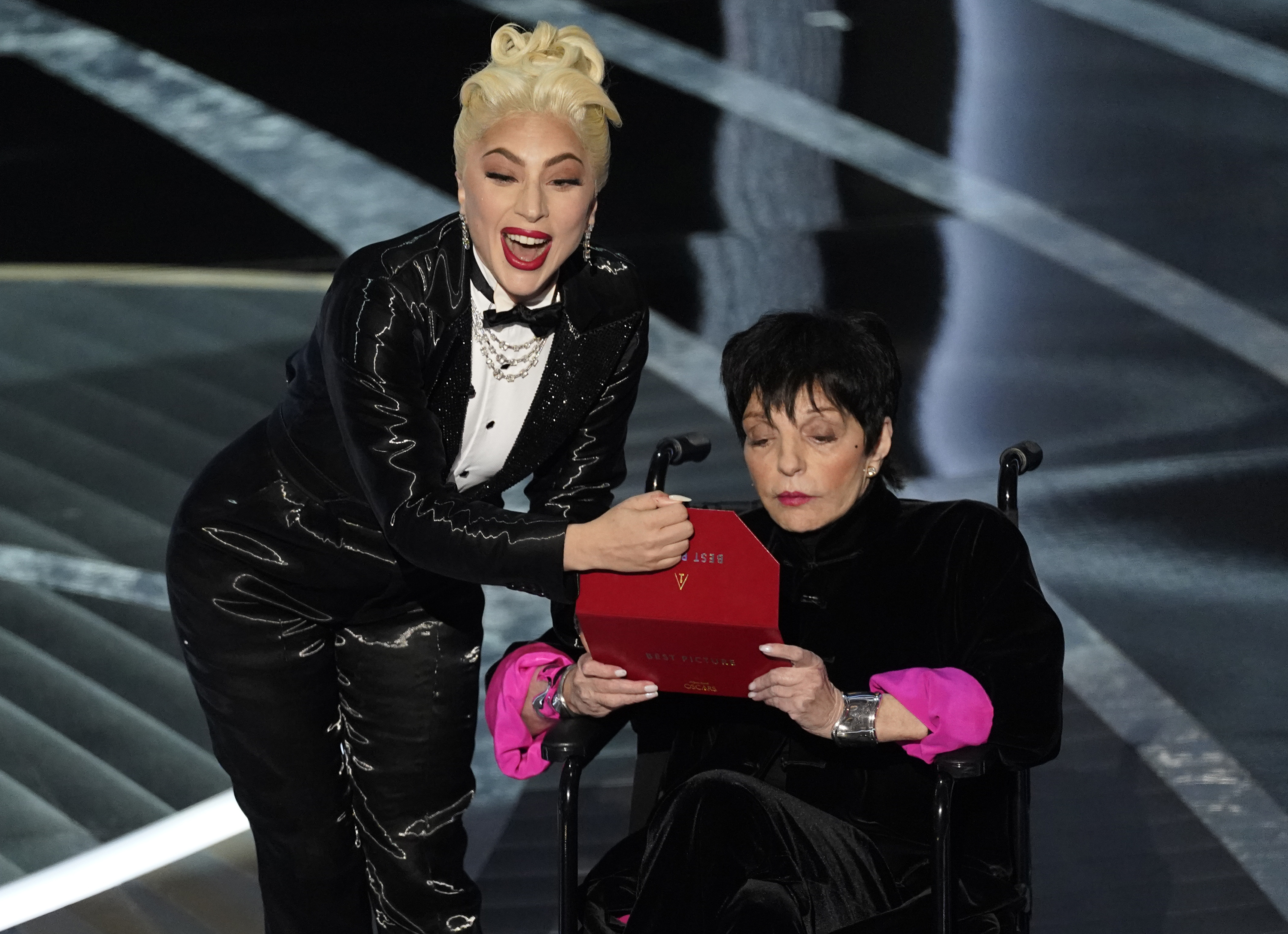 Lady Gaga (left) and Liza Minnelli (right) on stage at the Academy Awards on March 27, 2022, at the Dolby Theatre in Los Angeles